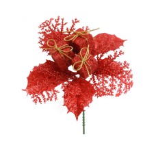 Red Glittered Wreath Pick With Holly and Cedar (Lot of 12 Picks) SALE ITEM